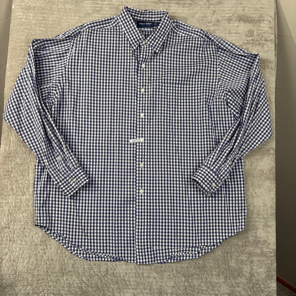 Polo Golf Ralph Lauren Mens XL Gingham Button Down Shirt Navy Blue White Stretch